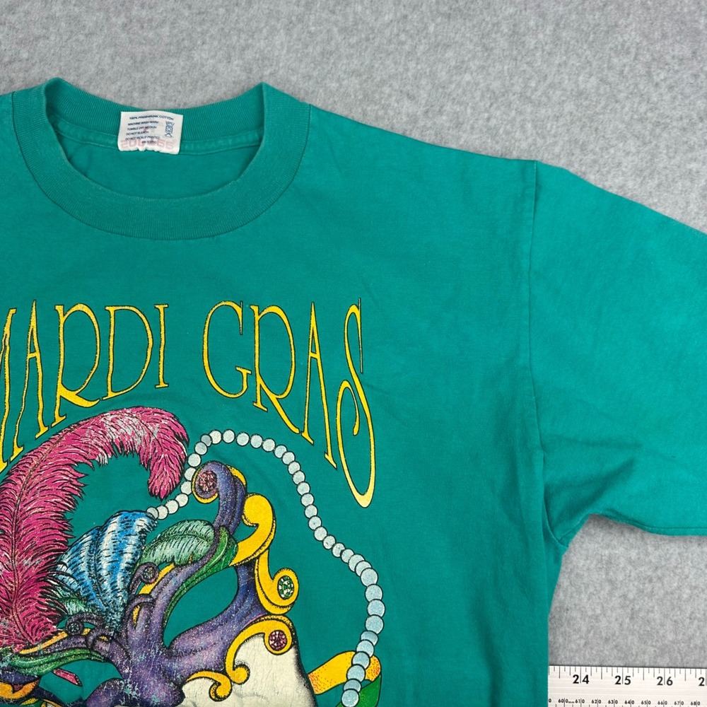 Vintage 90s Michael Hunt Mardi Gras Shirt Teal Single Stitch New Orleans Artist